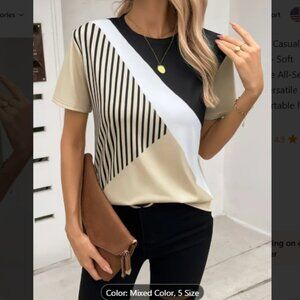 Tan and Black Color Block Striped Crew Neck T-Shirt Size L
